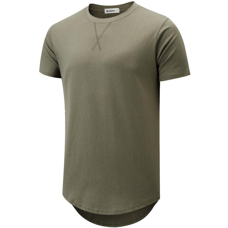 KLIEGOU Mens 100% Cotton Hipster Hip Hop Longline Crewneck T-Shirt (Large, 66 Army Green) - Image 1